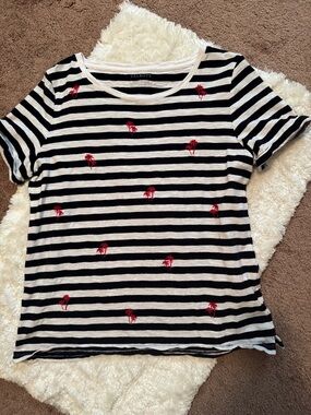 Talbots Navy and White Striped Tee with Hot Pink Palm Motifs, Large